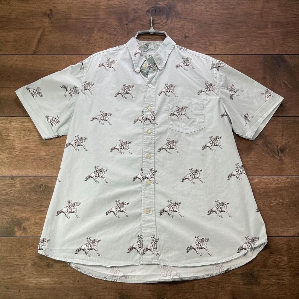 Vintage Kennington Ltd Mens XL Short Sleeve Cowboy Horse Print Button Shirt Blue